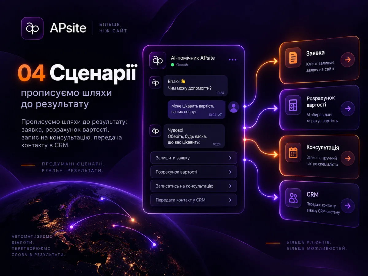 Крок 4 — сценарії: заявка, розрахунок вартості, консультація, передача в CRM