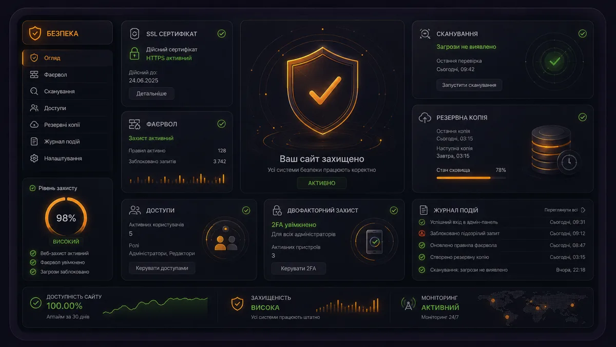 Безпека сайту: SSL-сертифікат, фаєрвол, сканування загроз і резервні копії