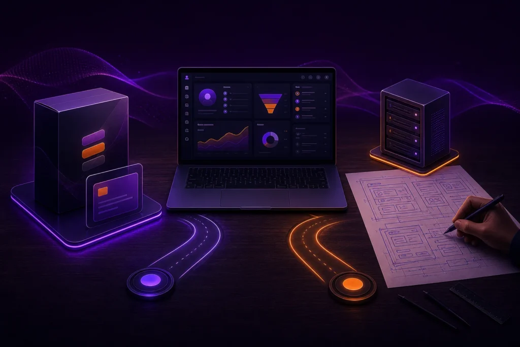 Готовая CRM или своя: коробка с готовой программой и чертёж собственной системы рядом с ноутбуком