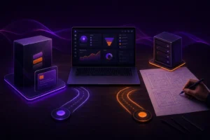 Готовая CRM или своя: коробка с готовой программой и чертёж собственной системы рядом с ноутбуком