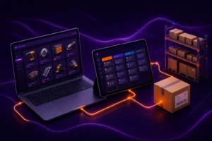 Интеграция KeyCRM с OpenCart: витрина магазина на ноутбуке, соединённая кабелями с планшетом CRM и посылкой