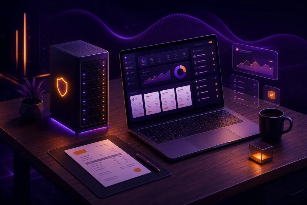 Perfex CRM: небольшой сервер на столе и ноутбук со счетами и задачами в CRM