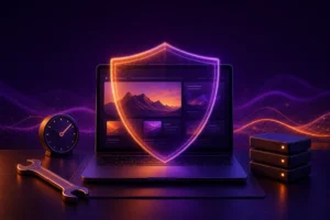 Поддержка сайта: ноутбук с сайтом под защитным щитом, гаечный ключ, часы и резервные копии