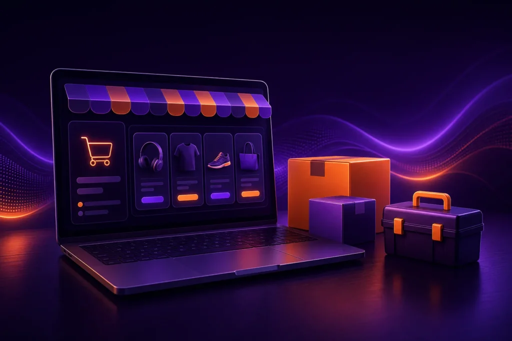 WordPress или OpenCart для интернет-магазина: витрина магазина на ноутбуке и две коробки