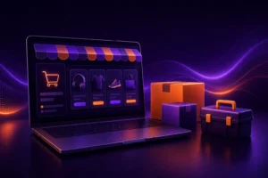 WordPress или OpenCart для интернет-магазина: витрина магазина на ноутбуке и две коробки