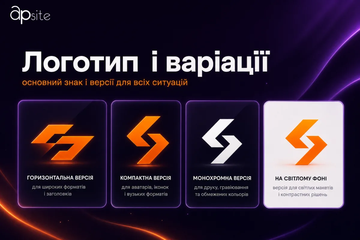 Логотип і варіації: основний знак, горизонтальна, компактна і монохромна версії
