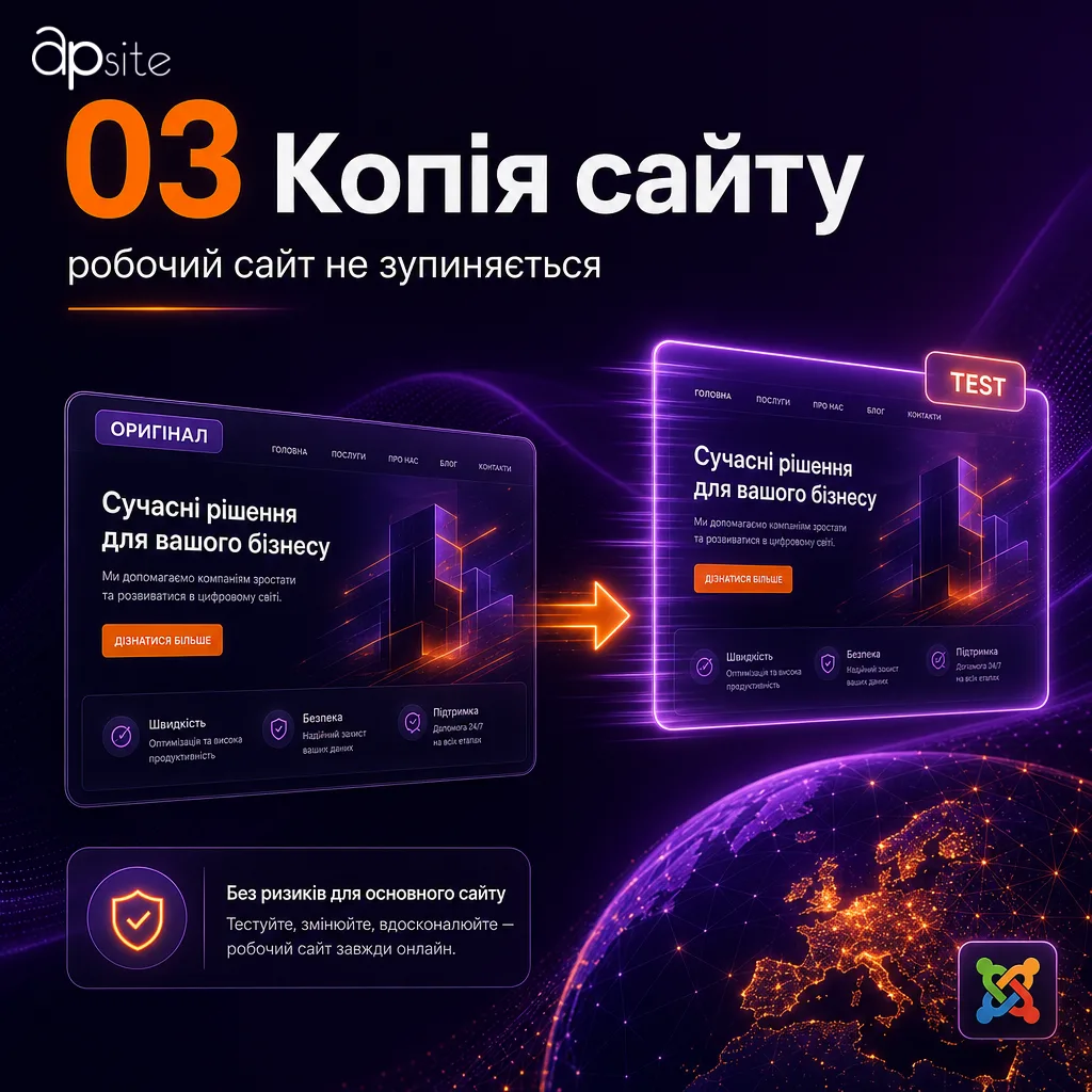 Крок 3 — копія сайту: тестовий майданчик, робочий сайт не зупиняється