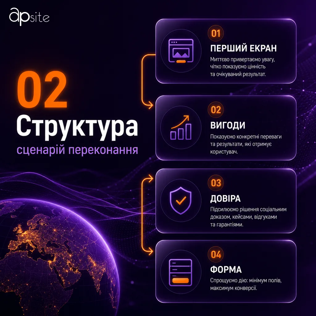 Шаг 2 — структура: сценарий убеждения от первого экрана до формы