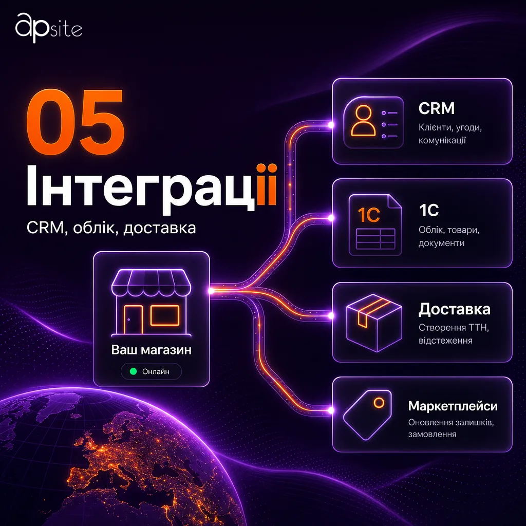 Шаг 5 — интеграции: CRM, учёт, доставка, площадки