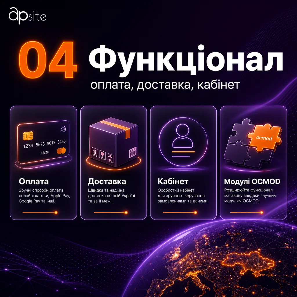 Крок 4 — функціонал: оплата, доставка, кабінет, ocmod-модулі