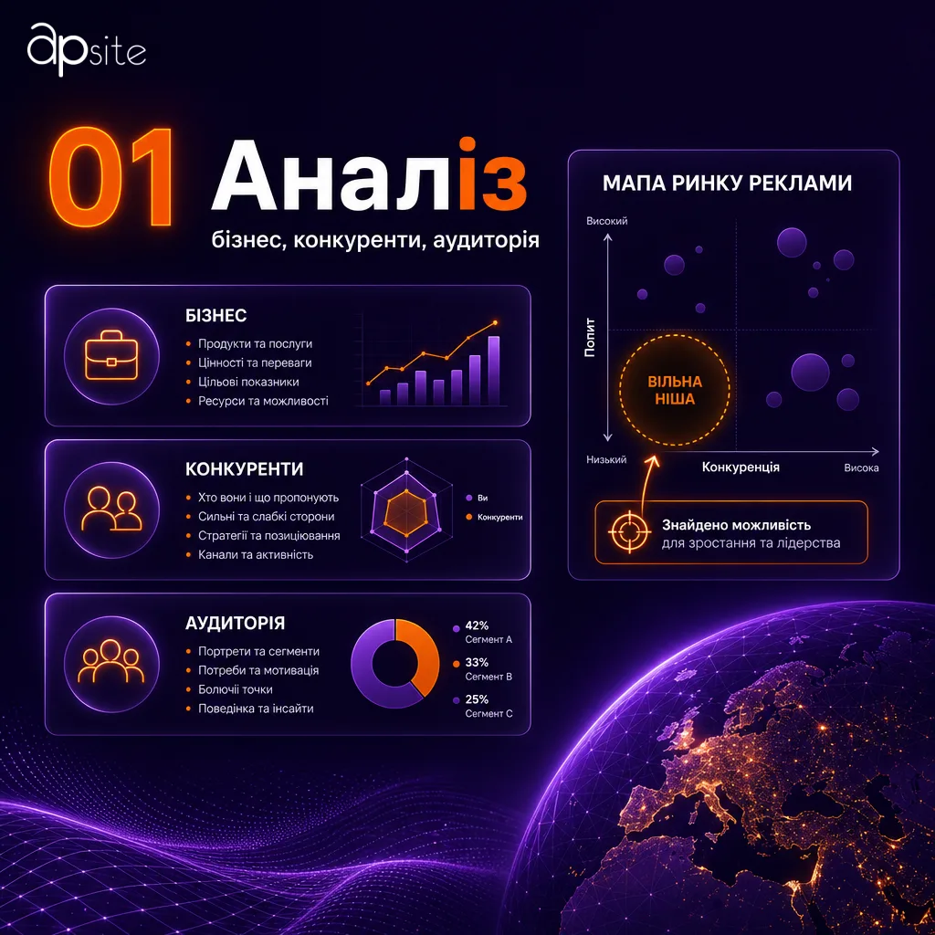 Крок 1 — аналіз: бізнес, конкуренти, аудиторія