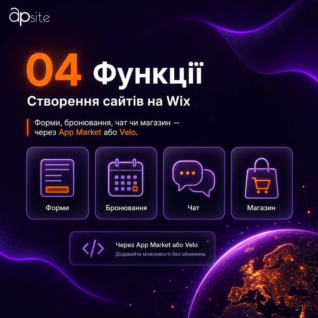Шаг 4 — Функции: формы, бронирование, чат или магазин — через App Market или Velo