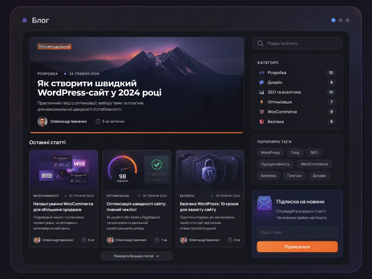 Блог на WordPress: стрічка статей, категорії, теги та підписка
