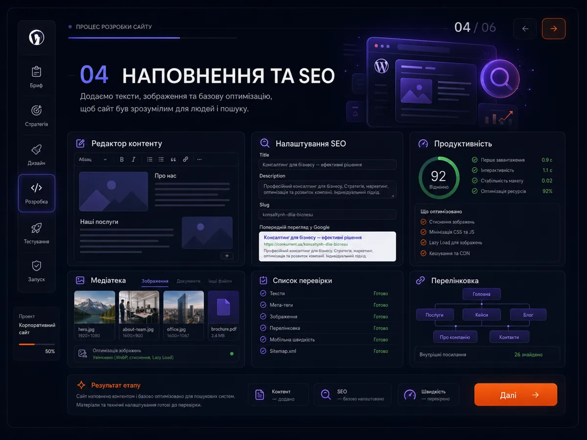 Наповнення та SEO: редактор контенту, мета-теги, швидкість і перелінковка